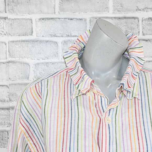 BANZO Women's 100% Linen Antique Ruffle Collar Boxy Shirt Striped multi sz XL - Picture 10 of 11
